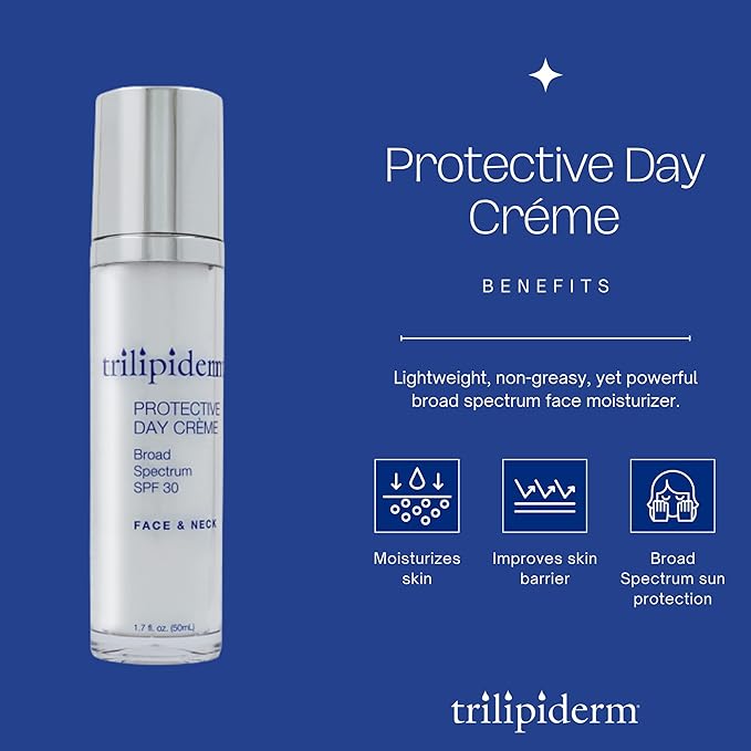 Trilipiderm Protective Day Crème, Broad Spectrum SPF 30 – Lightweight, Fast-Absorbing Moisturizing Sunscreen Protects while helps boost collagen and fight free radical damage