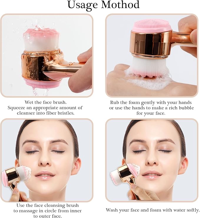 Face Brush 2 in 1, Facial Cleansing Exfoliating Brush with Ultra Fine Soft Bristles for Pore Deep Cleansing Silicone Double Side Face Wash Scrub Brush for Skin Care, Gold