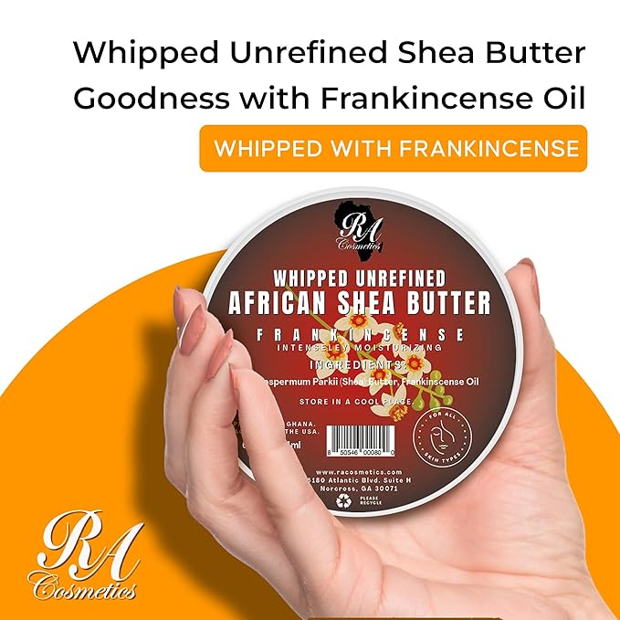 RA COSMETICS Whipped Shea Butter Frankincense - 6oz | 100% Pure & Natural African Shea Butter for Men & Women - Handcrafted Moisturizer with Essential Vitamins for Softer Lips, Healthier Skin & Hair