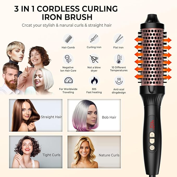 1.5 in Thermal Brush, Curling Iron Heated Round Curling Volumizing, The Ceramic Barrel Heats up 30S, LCD Display 10 Temperatures frizz-Free Curls The Ionic