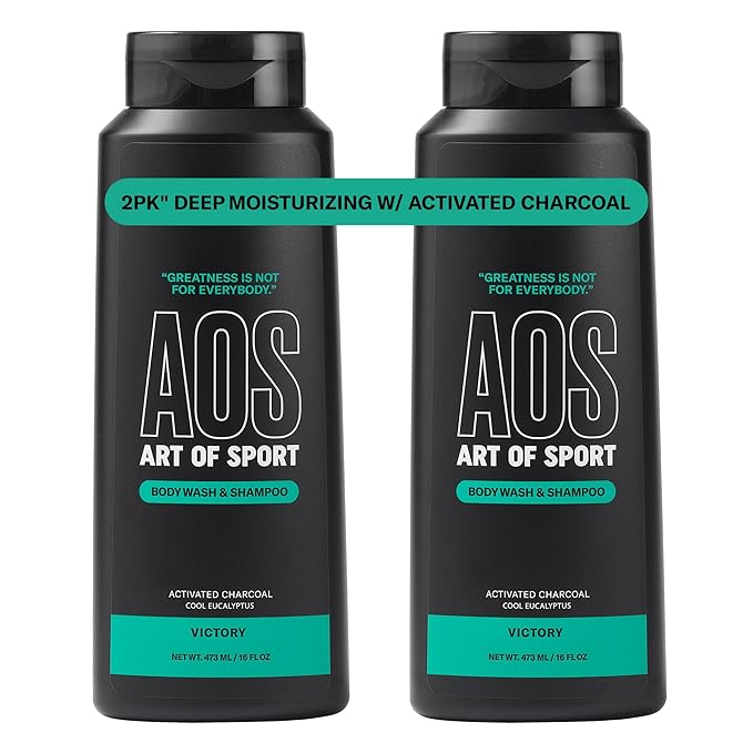 Art of Sport Men’s 2-in-1 Body Wash and Shampoo with Charcoal Activated, Eucalyptus Fragrance, Made for Athletes, Victory Scent, 16 fl oz (Pack of 2)