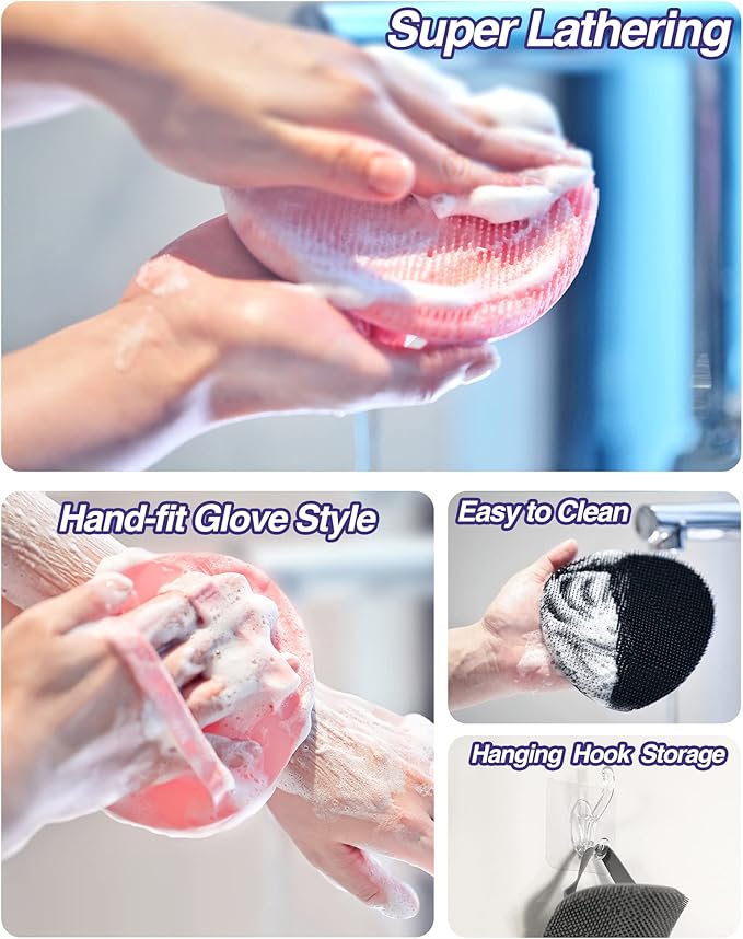 Manmihealth Silicone Back Scrubber(Thin Bristles) & Soft Bath Glove Set, Super-Cleaning Body Scrubber & Super-Lathering Shower Brush Combination, with a Free Hook. (Gray)