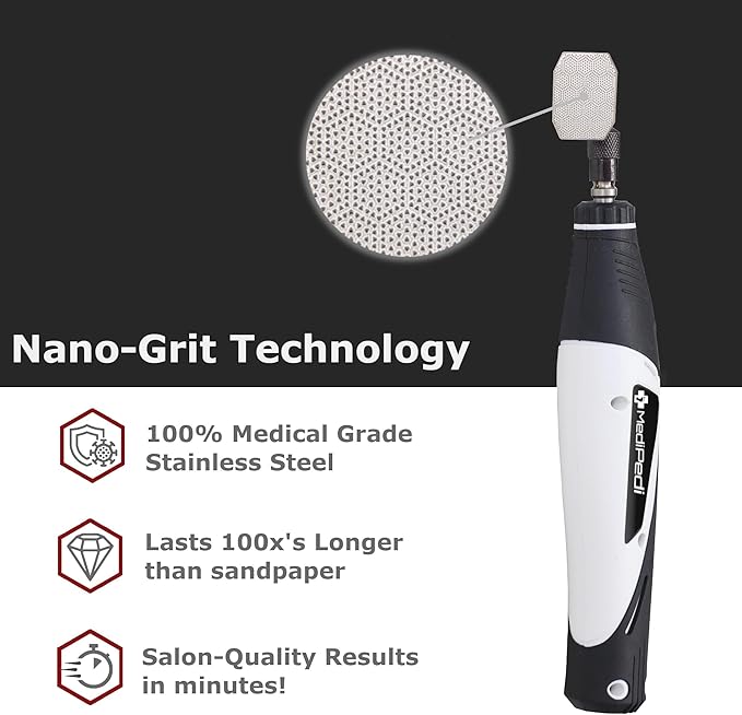 Stainless Steel Electric Pedicure File with Reusable Coarse and Fine Heads, Metal Foot File Callus Remover for Feet. Effortlessly Removes Calluses, Dead Skin for Smooth Healthy Feet