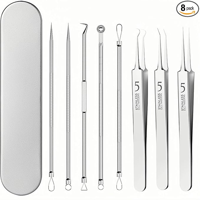 8-Piece Blackhead Remover Tool Kit - Professional Pimple Popper Extractor Set for Acne, Comedones, Whiteheads & Blemishes - Stainless Steel with Metal Case