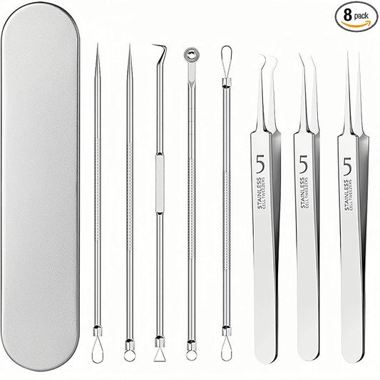 8-Piece Blackhead Remover Tool Kit - Professional Pimple Popper Extractor Set for Acne, Comedones, Whiteheads & Blemishes - Stainless Steel with Metal Case