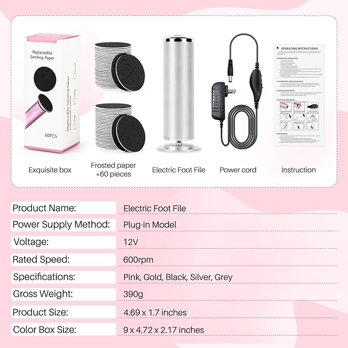 Foot File Callus Remover for Feet: Profesional Pedicure Tool for Summer - Adjustable Speed Electric Foot File Grinder for Skin and Calluses - with 60 Pcs Replacement Sandpaper Disk for Home SPA Salon
