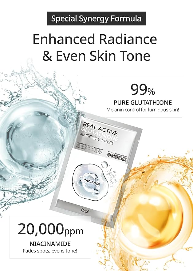 SNP Real Active Glutathione Ampoule Sheet Mask | Vegan Face Mask with Glutathione & Niacinamide | Revitalizing and Balancing for All Skin Types | Korean Face Masks Skincare | 10 Sheets