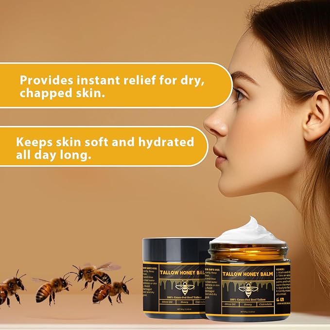 Beef Tallow for Skin, Beef Tallow for Face| Natural Grass-Fed Beef Tallow Moisturizer | Deep Hydration with Organic Raw Wild Honey & Beeswax | Face & Body Formula | Lightly Scented