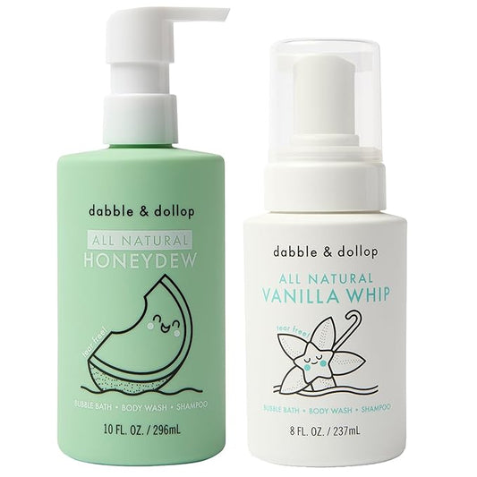 Dabble & Dollop Honeydew Melon + Vanilla Body Wash & Shampoo – 3-in-1 Natural Bubble Bath for Kids, No Parabens or Sulfates, Vegan, Gluten-Free, Tear-Free (2-Pack)