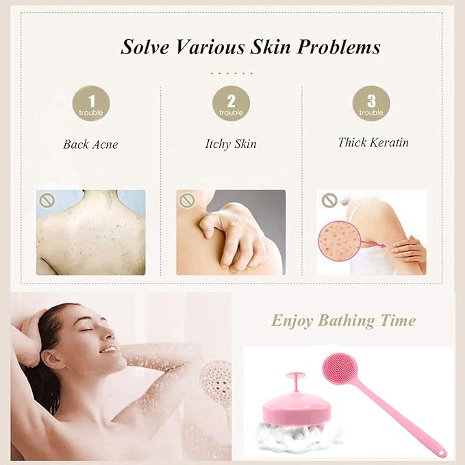 Silicone Body Scrubber & Scalp Massager, Long Handle Shower Brush, Exfoliating Scrubber for Men, Women & Kids