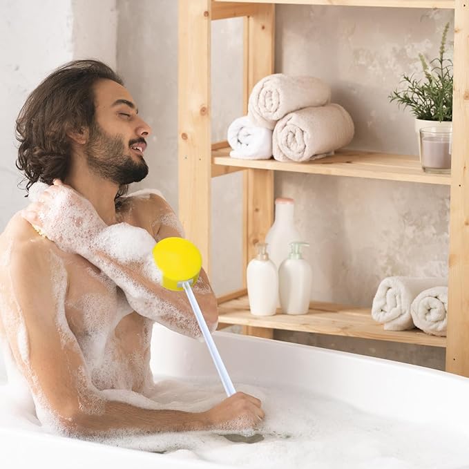 Uiifan 4 Pcs Long Handle Bath Sponge Yellow Back Sponge on a Stick Round and 8 Shape Back Washer for Shower White Handle Butt Scrubber Bathing Brush for Foot Body Cleaning Bathing Limited Motion