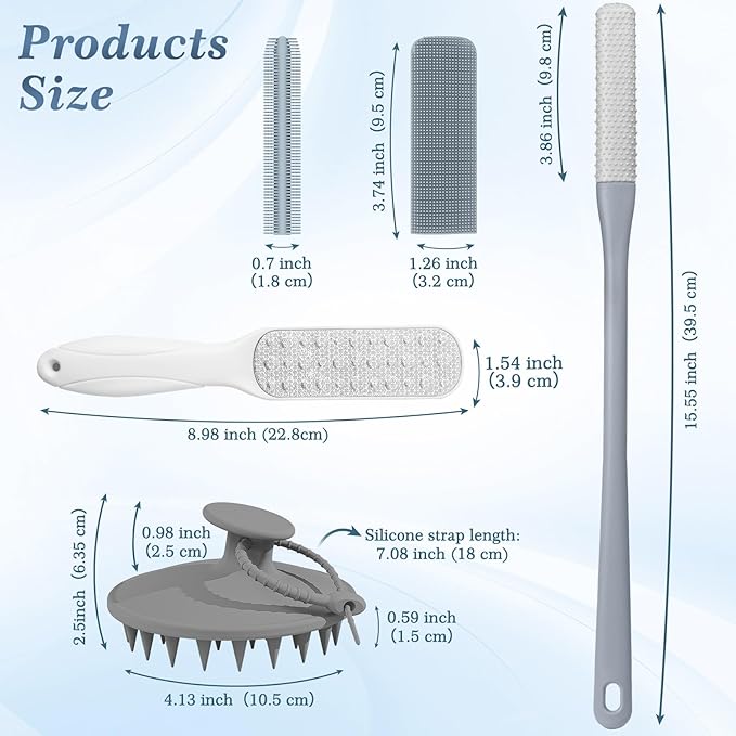 Manmihealth Silicone Back Scrubber & Soft Shower Brush, Silicone Scalp Massager, Toe Cleaning Brush Set 8 PCS, Body Foot Scrubber & Shampoo Brush Combination, with 4 Free Hooks (Style 1 Gray)