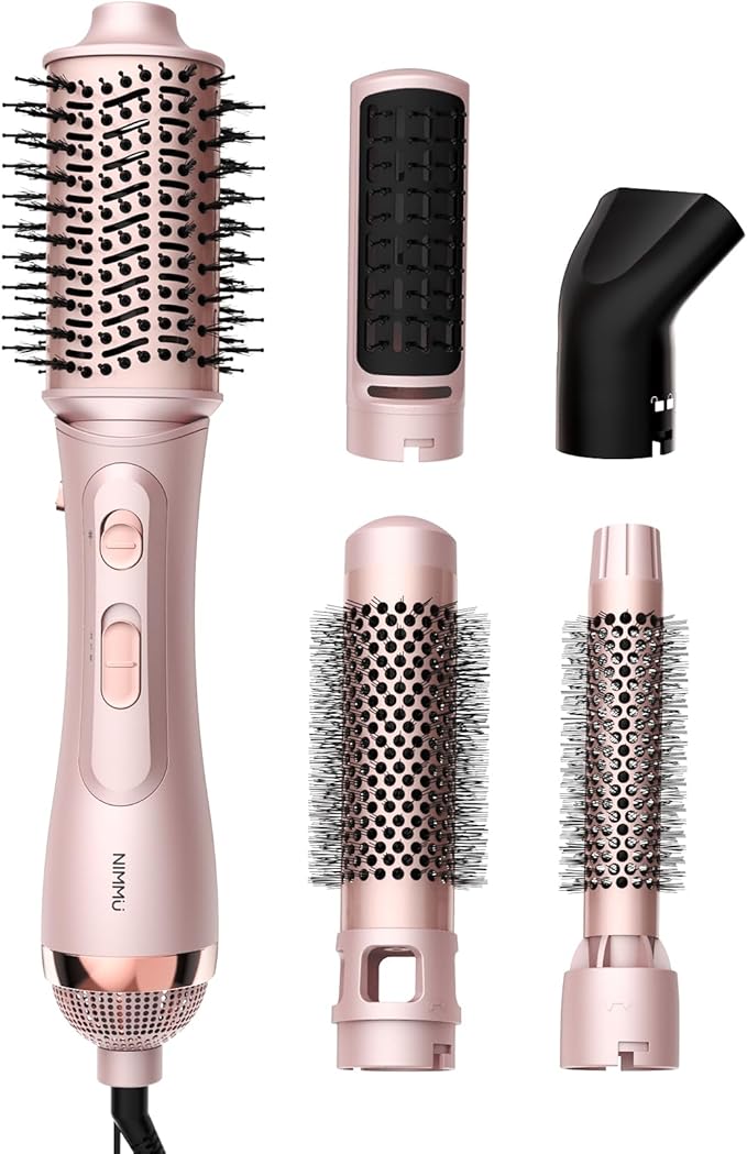 Nimmu Blow Dryer Brush Set, 5-in-1 Hot Air Brush Set, All-in-One Hair Styler for Salon Blowouts, Smoothing, Curling & Volumizing and Straightening, Less Frizz & Heat Damage, Pink