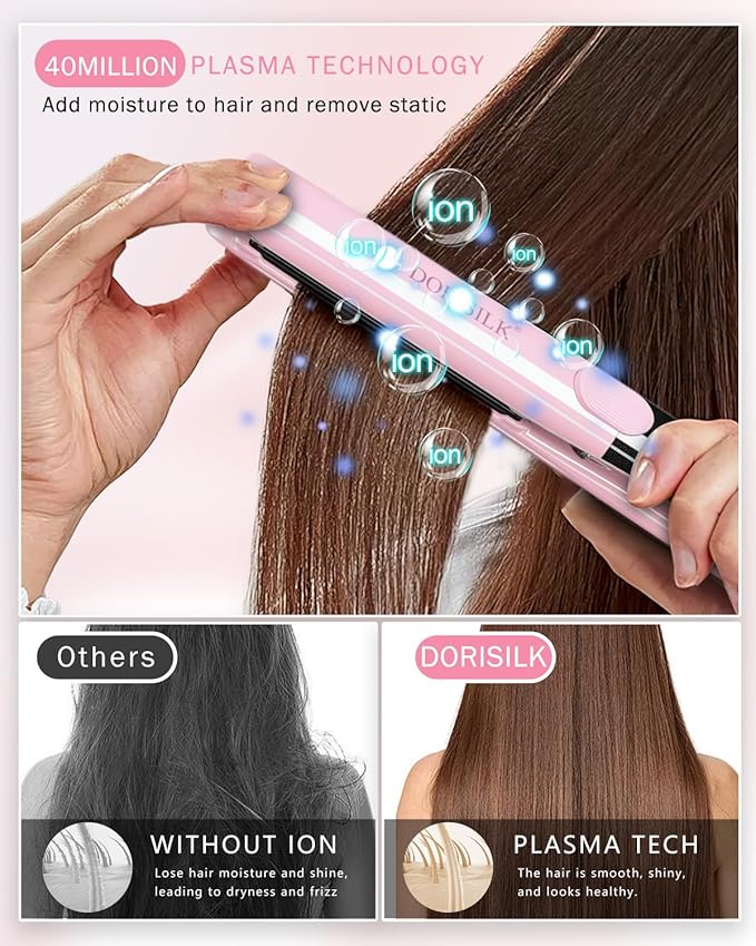 DORISILK 500 Degree High Temp Professional Hair Straightener，30s Fast Heating Ceramic Flat Iron ，2 in 1 Hair Straightener and Curler，Plasma Flat Iron Get Frizz-Free and Shiny(Pink)