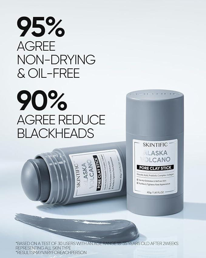 Deep Pore Cleansing Blackhead Remover Face Mask Stick, Mud Mask with Natural Alaska Volcano Clay, Gentle Exfoliating, Smoothing Skin, Non-Drying, Skincare Facial Mask