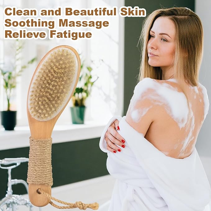 9.8" Dry Brush for Body with Anti-Slip Handle,Wet&Dry Brushing Body Brush for Body,Natural Bristles,Back Scrubber Bath Tool for Men&Women