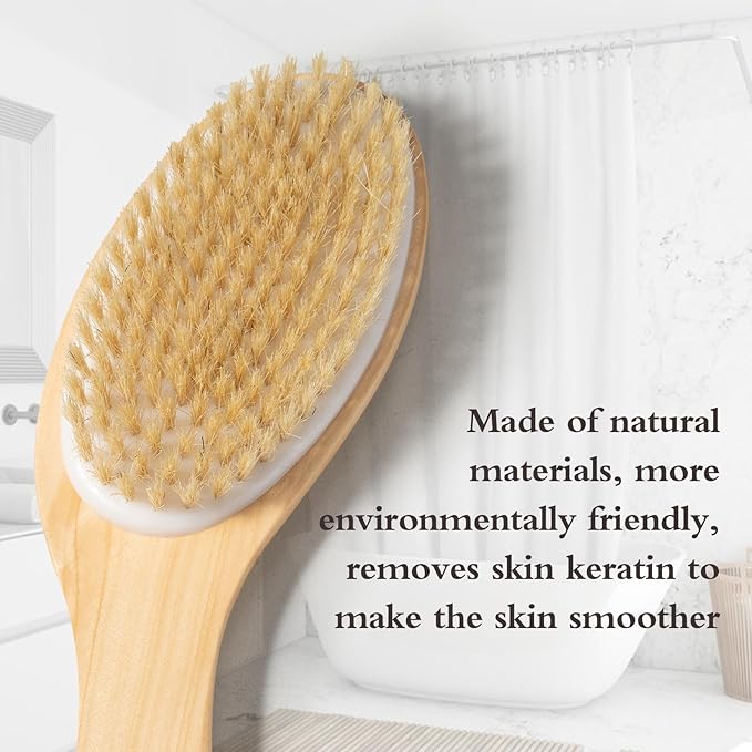 Bamboo Curved Long Handle Dry Brushes, Dry Body Brush for Dry Skin, Blood Circulation, Cellulite Treatment，Wet and Dry Brush Suitable for All Kinds of Skin with Soft and Stiff Bristles