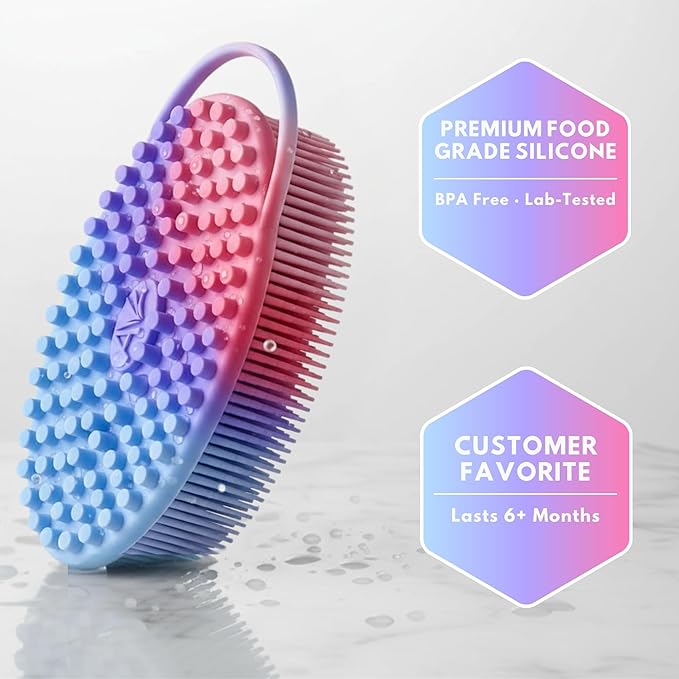 Silicone Body Scrubber for Shower - Gentle Exfoliating Back Scrubber with Soft Bristles - Avilana Premium Dual Sided Bath Brush Massage - Loofah Alternative for Sensitive Skin - Gift Women Men