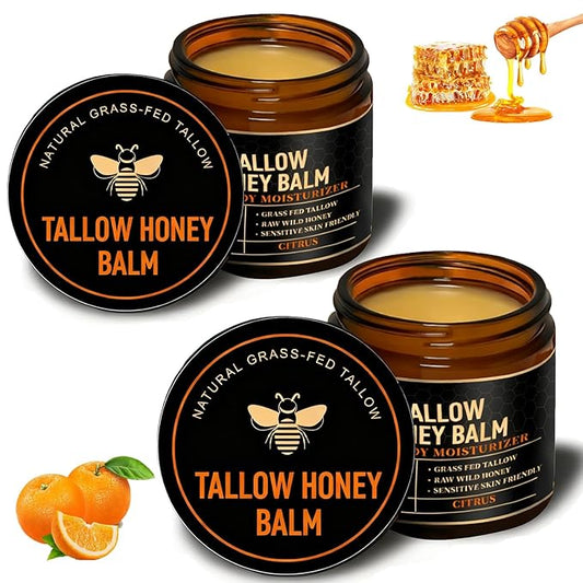 2PCS Organic Beef Tallow for Skin, Grass Fed Tallow and Honey Balm for Face, Tallow Face Moisturizer with Raw Honey,Natural Soothing Moisturizing Cream for Dry Sensitive Skin(Citrus)