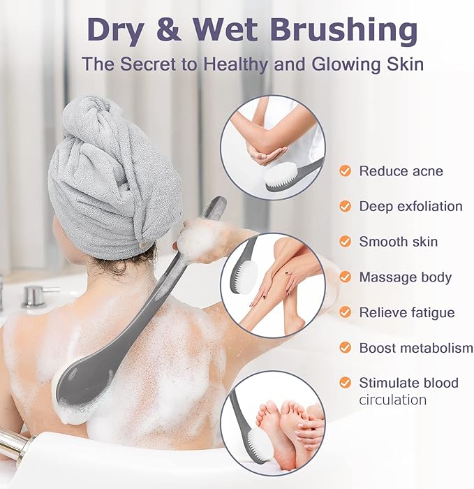 VANZAVANZU Exfoliating Shower Brush Back Scrubbers for Use in Shower, Plastic Bath Brush Long Handle for Shower with Moderate Bristles, Dry or Wet Back Brush for Shower Men Women-Grey