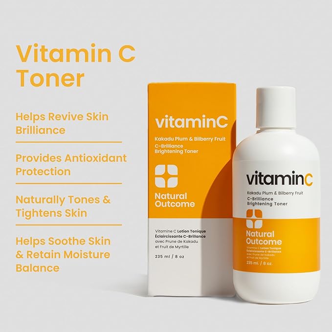 Natural Outcome C-Brilliance Vitamin C Toner for Face Daily Witch Hazel Facial Astringent with Kakadu Plum and Bilberry Fruit 8 oz Vegan, Fragrance Free