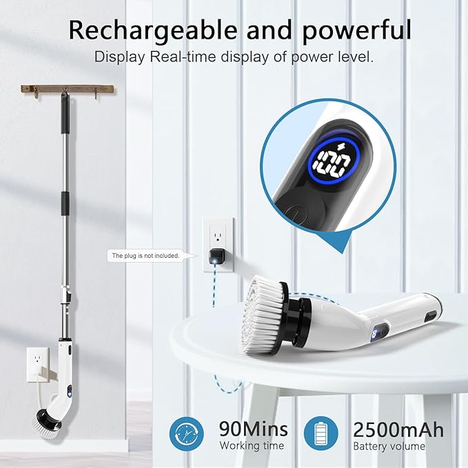 TUYU Electric Spin Scrubber, Full-Body IPX7 Waterproof Bathroom Scrubber with Power LCD Display, Adjustable Extension Handle, Cordless Shower Cleaner Brush for Bathtub Kitchen Wall Cleaning