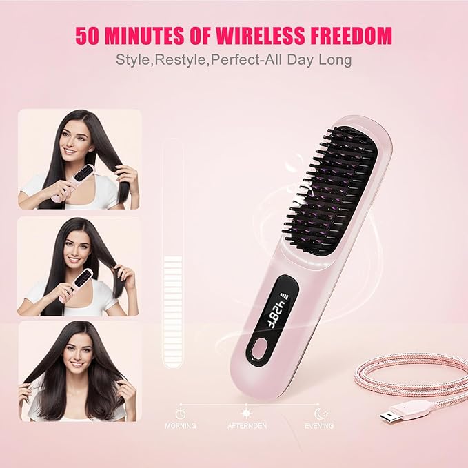 New Go Brush Pro 2025 Cordless Hair Straightener Brush - 20s Fast Heat Up, 50 Min Runtime, 199M Frizz-Fighting Ions, 4-Temp & LED, 3200mAh USB-C, Auto Shut-Off, Travel-Friendly (Pink)