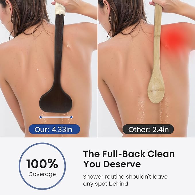 Bamboo Back Scrubber with Curved Long Handle, 17.3 Inches Exfoliating Shower Brush with Extra Stiff Bristles for Men and Women, Back Washer Body Exfoliator for Bath or Dry Brushing