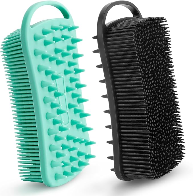 Silicone Body Scrubber, 2 in 1 Soft Silicone Loofah 2 Pack Exfoliating Body Scrubber Loofah for Women Men, Body Scrubber Shower Bath Shampoo Brush with Loop for Sensitive Skin Lather Well,Black &Green