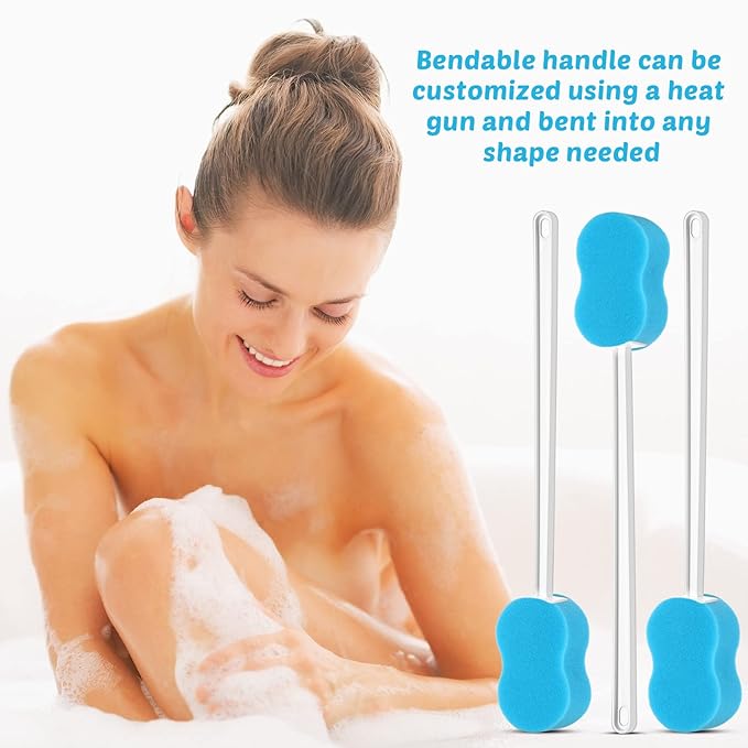 Norme 3 Pcs 22.4 Inch Long Handle Back Bath Sponge Lightweight Sponge on a Stick Body Cleaning Handled Washer Scrubber for Foot Body Limited Range of Motion, Blue