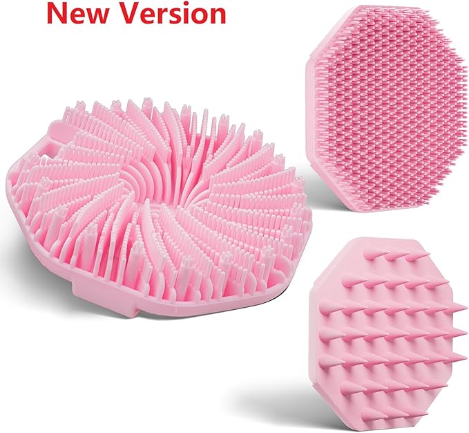 3 Soft Silicone Skin Scrubbers - Body Scrubber Exfoliating Brush Bath Shower Tool, with Gentle Manual Face Cleansing Wash Scrubber, with Hair Scalp Massager Shampoo Brush (Pink)