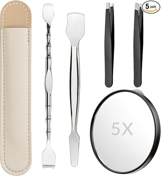 Blackhead Remover Pore Prep Tool Kit, 5PCS: 2× Blackhead Shovels, 2× Hair Tweezers, 1× 5X Mirror, Pimple Popper Tool, Stainless Pore Scraper, Comedone Extractor Tweezer Kit for Acne, Blemish (Black)