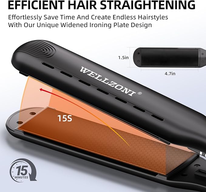 Flat Iron Hair Straightener 1.5 Inch - for Black Thick Hair, Anti Static Frizz Free, 250-480°F Adjustable Temp, Dual Voltage Travel Friendly