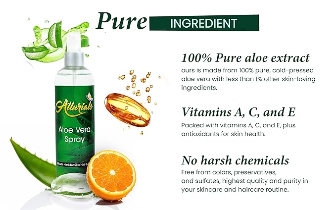Allurials 99.75% Pure & Organic Aloe Vera Spray, Clinically tested & Dermatologist approved, Hydrates & Heals Dry & Damaged Skin & Hair- 12 Oz