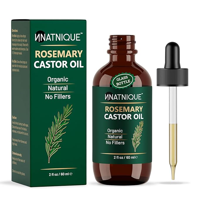 Natnique Rosemary Castor Oil – 100% Pure Cold-Pressed Organic Hair Growth Oil, Hexane-Free Scalp Serum & Moisturizing Treatment for Dry Scalp, Fuller Hair, Stronger Roots & Natural Care – 2oz