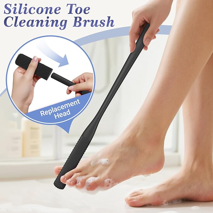 Manmihealth Silicone Back Scrubber & Soft Shower Brush, Silicone Scalp Massager, Toe Cleaning Brush Set 8 PCS, Body Foot Scrubber & Shampoo Brush Combination, with 4 Free Hooks (Style 1 Black)