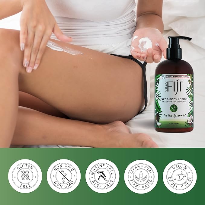 Coco Fiji Face & Body Lotion Infused With Coconut Oil | Lotion for Dry Skin | Moisturizer Face Cream & Massage Lotion for Women & Men | Tea Tree Spearmint 12 oz, Pack of 1