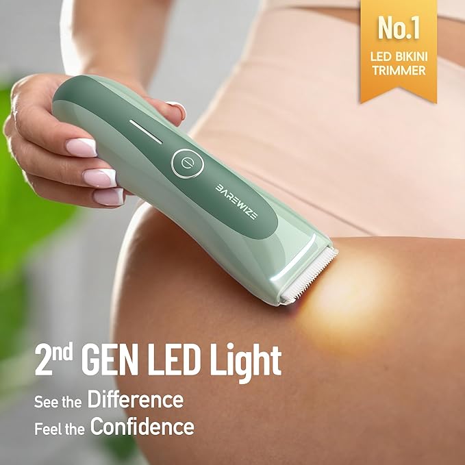 BAREWlZE Bikini Trimmer for Women, Pubic Hair Trimmer | LED Light, IPX7 Waterproof, USB-C Rechargeable, Replaceable Ceramic Blade | Electric Razors for Women, Electric Body Hair Shaver (Mint Oasis)
