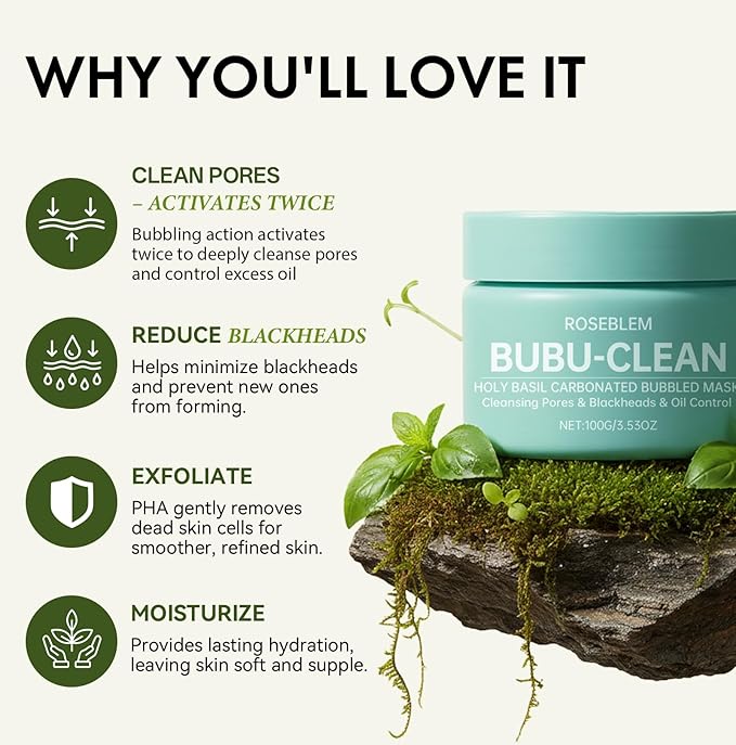Holy Basil Bubble Deep Mask, Fast & Re-Bubbling Carbonated Clay Mask with Natural Mineral-Rich Mud for Pore Cleansing, Blackhead Removal & Balance Oil, Gentle & Fun Purifying Face Care, 3.53 Oz