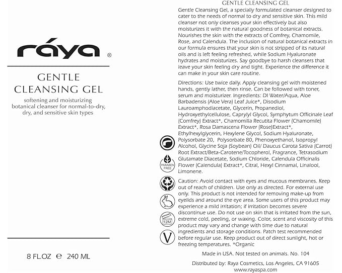 Raya Gentle Facial Cleansing Gel 8 oz (104) | Softening and Moisturizing Botanical Cleanser for Dry and Sensitive Skin| Helps Hydrate Smooth Complexion