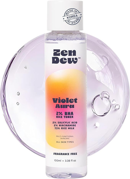 Violet Aura - 2% BHA Exfoliating Toner with Salicylic Acid for Sensitive Skin. Gentle, Hydrating Formula. 2% Niacinamide, Rice Extract & Azulene. Glass Skin, Smoother Texture & Barrier Support