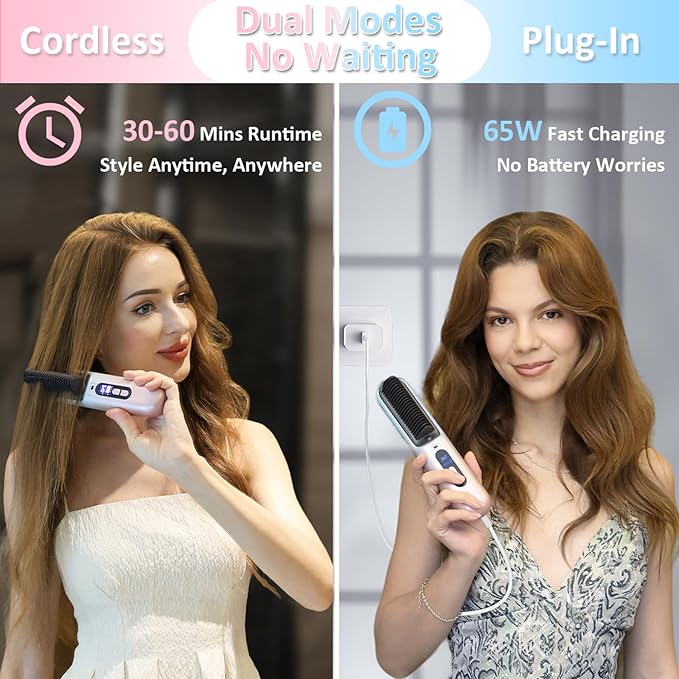 BEAUTYOVO Travel & TSA-Friendly Cordless Hair Straightener Brush - Professional Straightening Brush for On-The-Go | 65W Fast Charge in 30 Min | 6 Heat Settings & 300M Ions for Frizz-Free Salon Finish