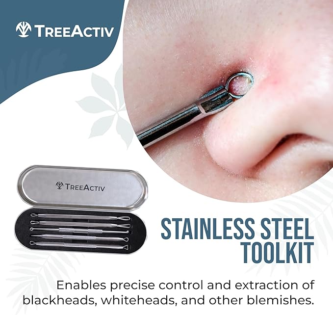TreeActiv Pimple Popper Tool Kit with Face Wash and Acne Patches, Professional Blackhead Remover Tools Facial Kit, Stainless Steel Blackhead Extractor Tool, Blemish Blackhead & Whitehead Pimple Extr