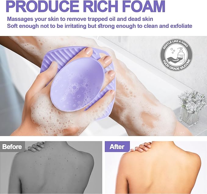Silicone Body Scrubber, Gentle Texture Exfoliating Body Scrubber for Men and Women On Sensitive Skin, Soft Scrubber Produces Rich Form and Builds Up Lather, Getting a Deep Skin Clean (Purple)
