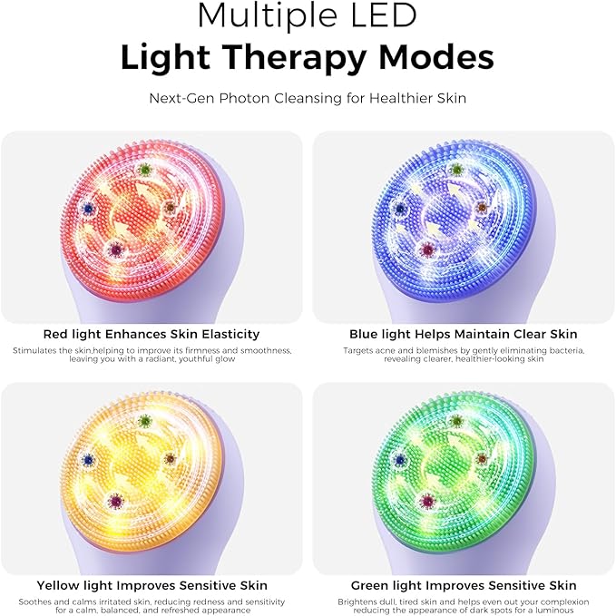 Facial Cleansing Brush Electric Face Scrubber - Rechargeable Face Cleansing Brush with 4 LED Gentle Light Silicone Heat and Vibration Exfoliator Massage Deep Cleansing,IPX7 Waterproof,Ideal Gift﻿