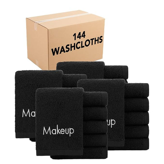 Arkwright Makeup Towels - Bulk Case of 144 - Soft & Gentle Cotton Washcloth Face Make Up Remover, Reusuable Eraser Cloth Essentials for Hosts & Artists, 13 x 13 in, Black