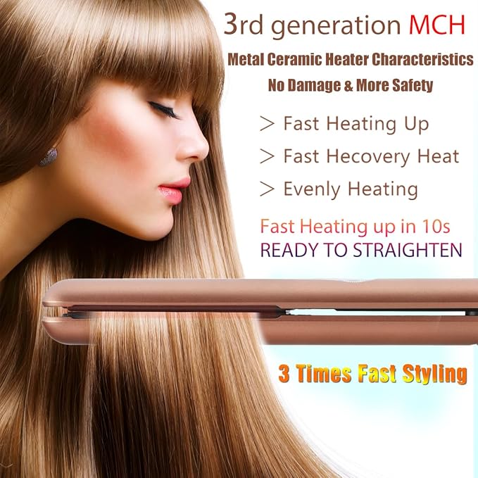 NITION Ceramic Tourmaline Hair Straighteners LCD Flat Iron MCH 10s Fast Heating Up. 1" Smooth 3D Floating Plate Healthy Straightening Tools. Travel Pouch Bag. Dual Voltage. Luxury Gift Box