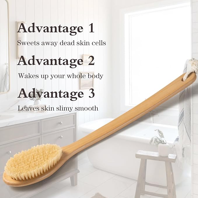 Bamboo Long Handle Back Scrubber Brush,Dry Body Scrubber for Dry Skin, Blood Circulation, Cellulite Treatment,Dry Brush Suitable for All Kinds of Skin with Soft and Stiff Bristles