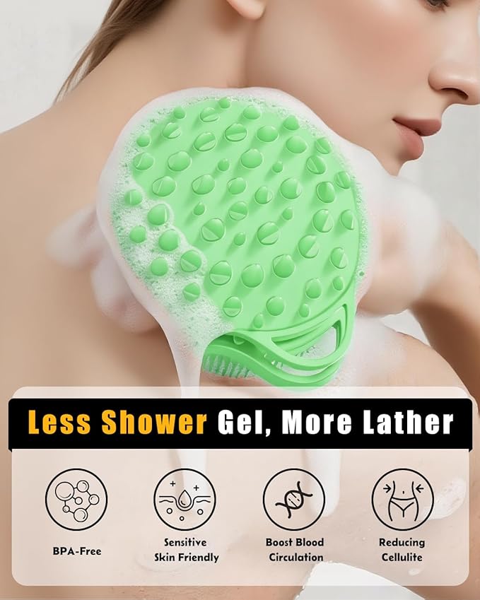2 in 1 Silicone Body Scrubber, Anti Cellulite Massage Scrubber, Exfoliating Shower Brush for Men & Women, Removes Dead Skin, Reduces Cellulite, Improves Circulation, Fast Dry, Non Slip (1PC, Green)