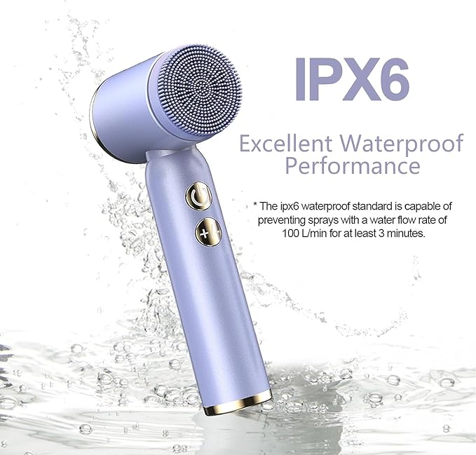 6-in-1 Facial Cleansing Brush, Electric Face Scrubber with 6 Brush Heads, 3-Speed Waterproof Spin Brush, Rechargeable Face Cleaner for Dry, Oily, and Sensitive Skin (Purple)